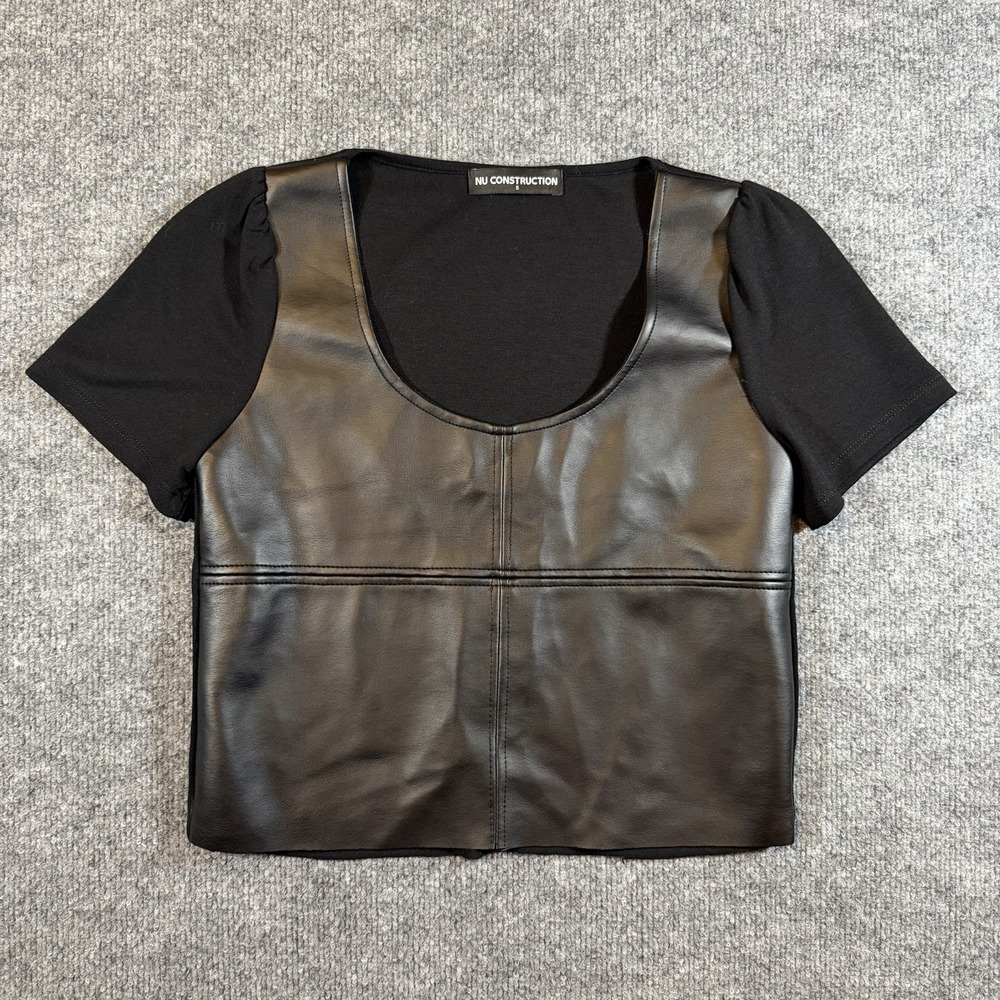 Nu Construction Small‎ Black Moto Faux Leather Scoop Neck Crop Top Y2K Punk Goth